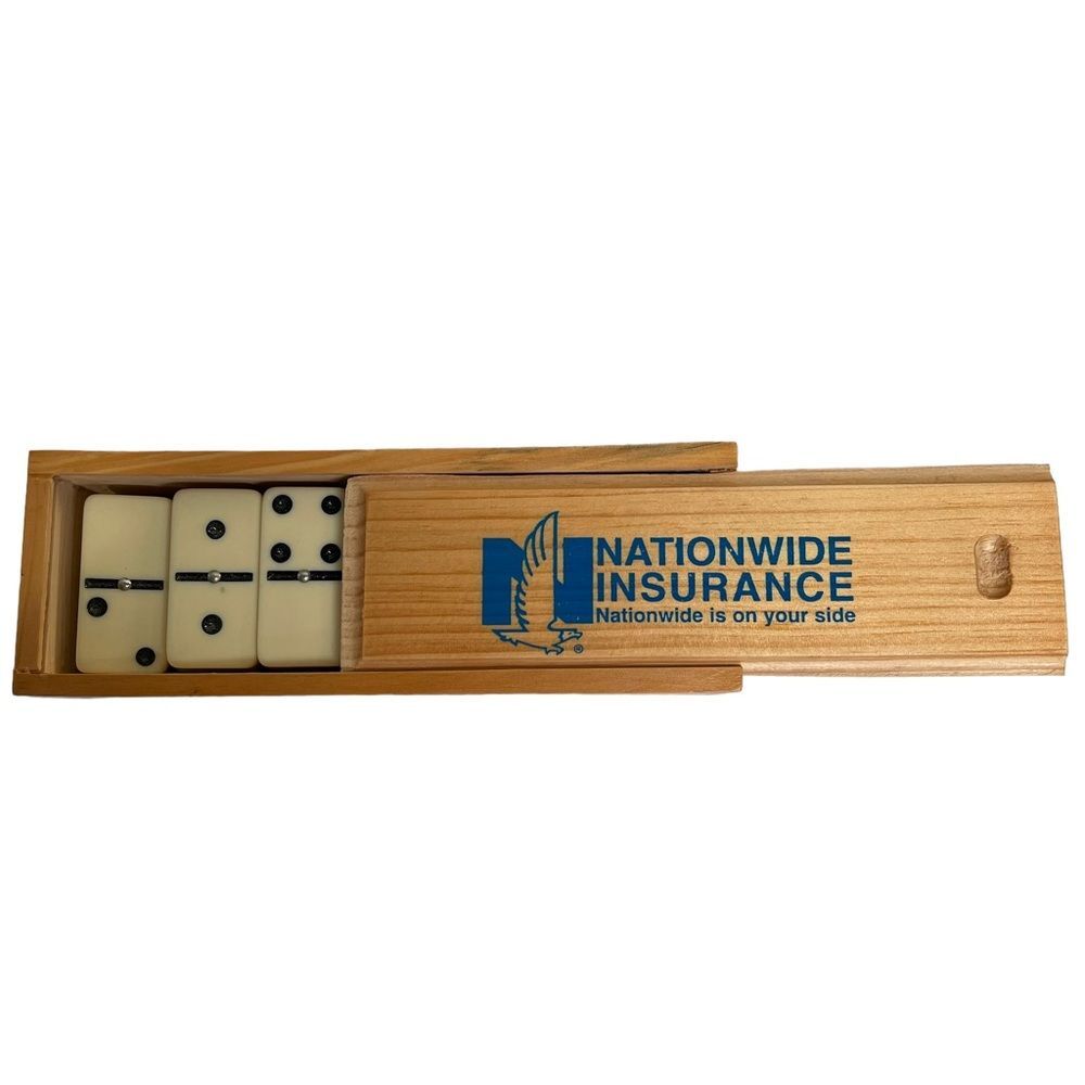 Dominoes Wood Storage Box Branded Nationwide Ins Set of 28 Cream & Black Tiles